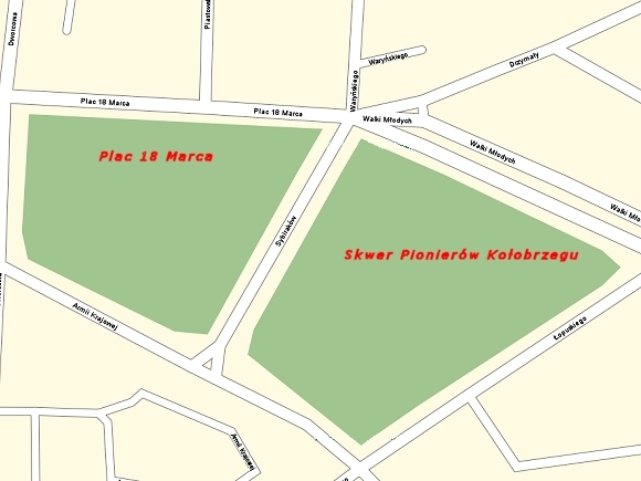 Mapa: Skwer 18 - Marca i Skwer Pionierów Kołobrzegu
